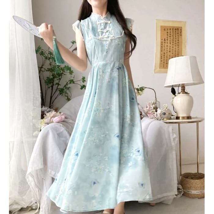 Cap-Sleeve Butterfly Print Lace Trim Maxi A-Line Dress