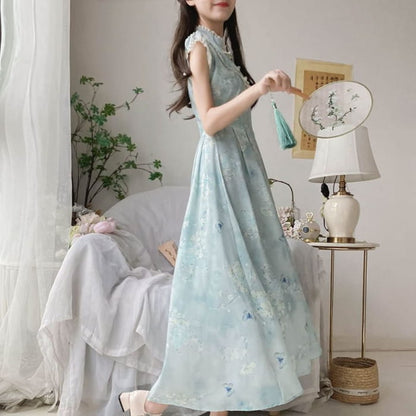 Cap-Sleeve Butterfly Print Lace Trim Maxi A-Line Dress