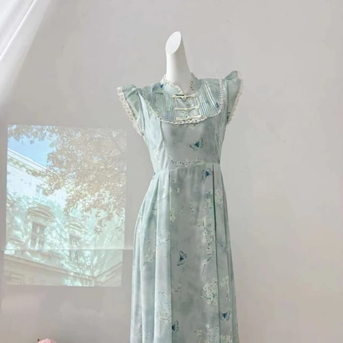 Cap-Sleeve Butterfly Print Lace Trim Maxi A-Line Dress