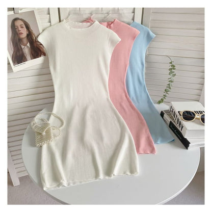 Cap-Sleeve Mock Neck Plain Knit Mini Bodycon Dress