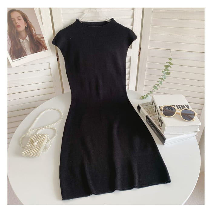 Cap-Sleeve Mock Neck Plain Knit Mini Bodycon Dress