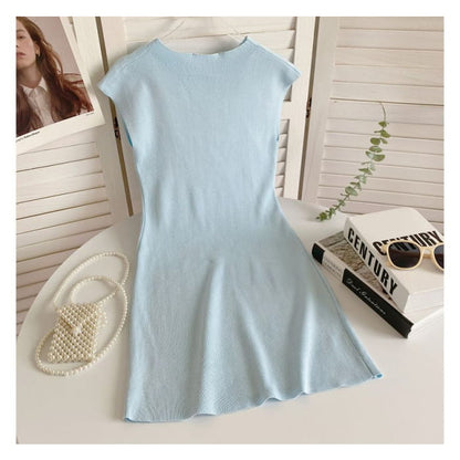 Cap-Sleeve Mock Neck Plain Knit Mini Bodycon Dress