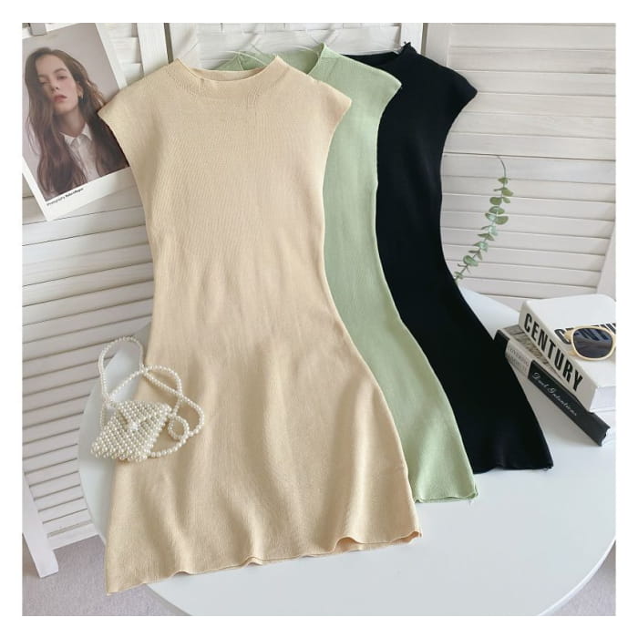 Cap-Sleeve Mock Neck Plain Knit Mini Bodycon Dress