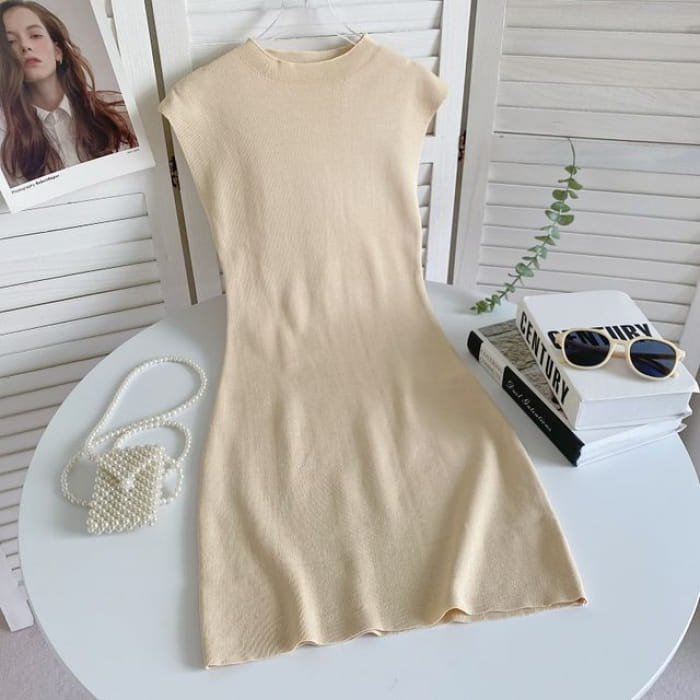 Cap-Sleeve Mock Neck Plain Knit Mini Bodycon Dress - Almond