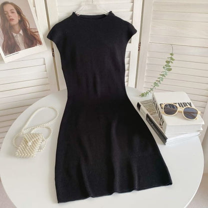 Cap-Sleeve Mock Neck Plain Knit Mini Bodycon Dress - Black