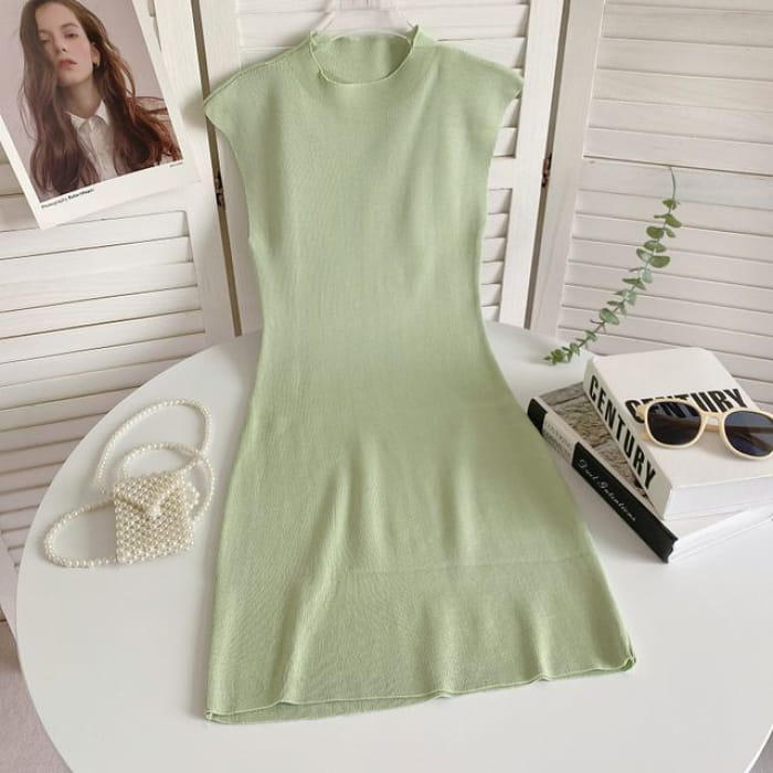 Cap-Sleeve Mock Neck Plain Knit Mini Bodycon Dress - Light