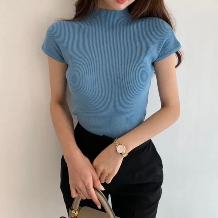 Cap Sleeve Mock Neck Plain Ribbed Knit Top