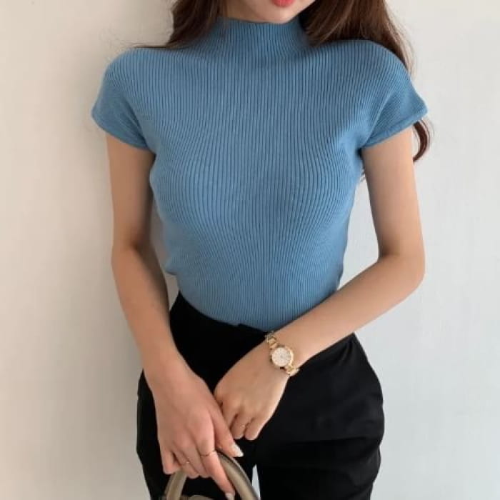 Cap Sleeve Mock Neck Plain Ribbed Knit Top