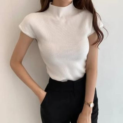 Cap Sleeve Mock Neck Plain Ribbed Knit Top - White