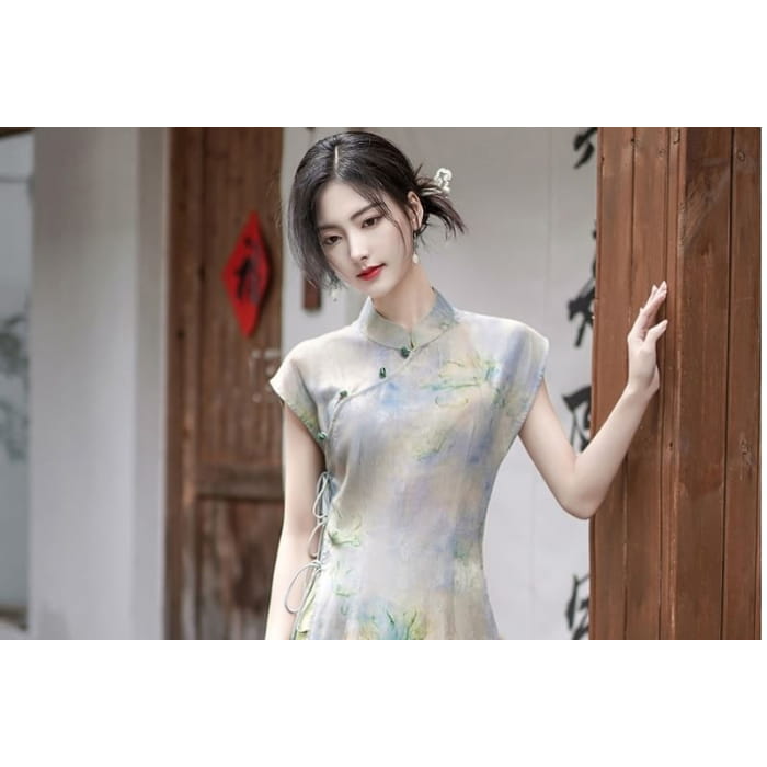 Cap-Sleeve Print Slit Midi A-Line Qipao / Skirt / Set