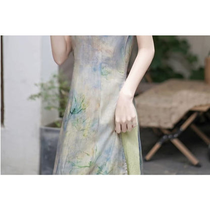 Cap-Sleeve Print Slit Midi A-Line Qipao / Skirt / Set