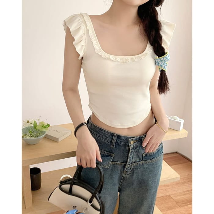 Cap-Sleeve Scoop Neck Plain Ruffle Tee