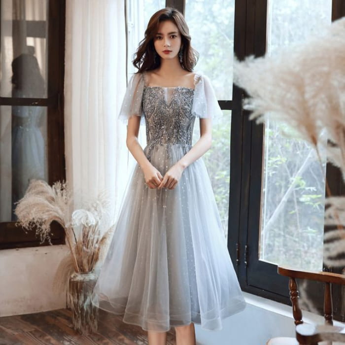 Cap-Sleeve Sequin Mesh Panel A-Line Evening Gown / Midi