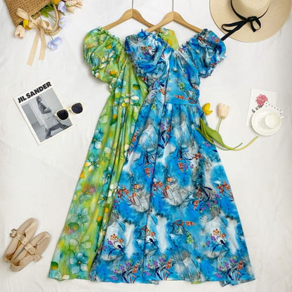 Cap-Sleeve V-Neck Floral Midi A-Line Dress