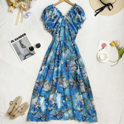 Cap-Sleeve V-Neck Floral Midi A-Line Dress - Blue / One Size