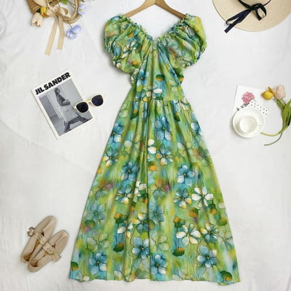 Cap-Sleeve V-Neck Floral Midi A-Line Dress - Green