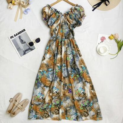 Cap-Sleeve V-Neck Floral Midi A-Line Dress - Khaki