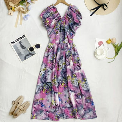 Cap-Sleeve V-Neck Floral Midi A-Line Dress - Light Purple