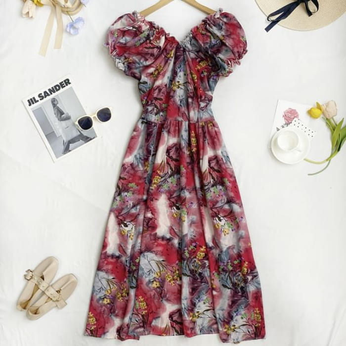 Cap-Sleeve V-Neck Floral Midi A-Line Dress - Wine Red