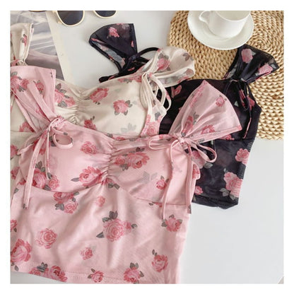 Cap-Sleeve V-Neck Floral Print Bustier Crop Top