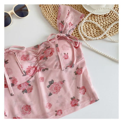 Cap-Sleeve V-Neck Floral Print Bustier Crop Top