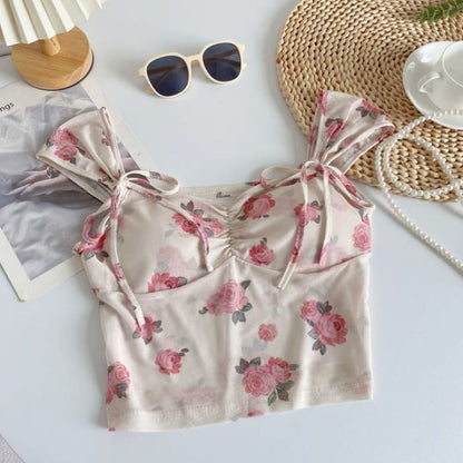 Cap-Sleeve V-Neck Floral Print Bustier Crop Top - Rose Pink