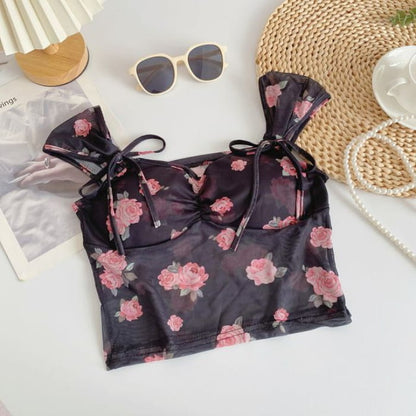 Cap-Sleeve V-Neck Floral Print Bustier Crop Top - Rose Pink