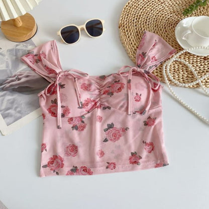 Cap-Sleeve V-Neck Floral Print Bustier Crop Top - Rose Pink