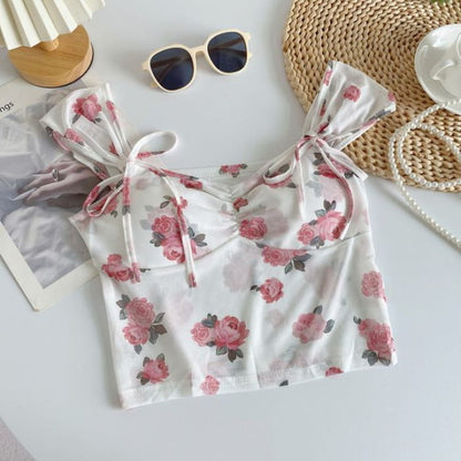 Cap-Sleeve V-Neck Floral Print Bustier Crop Top - Rose Pink