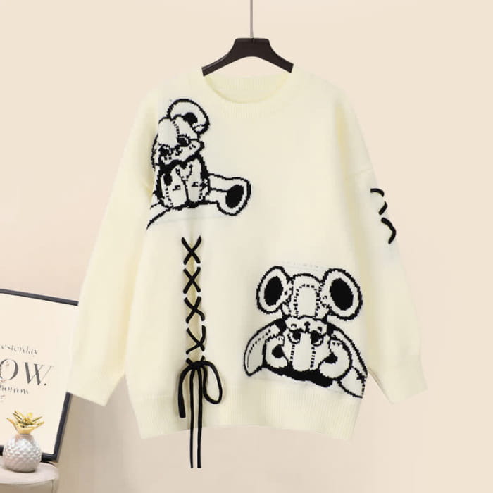 Cartoon Bear Lace Up Sweater Pleated Skirt Set - Apricot / M