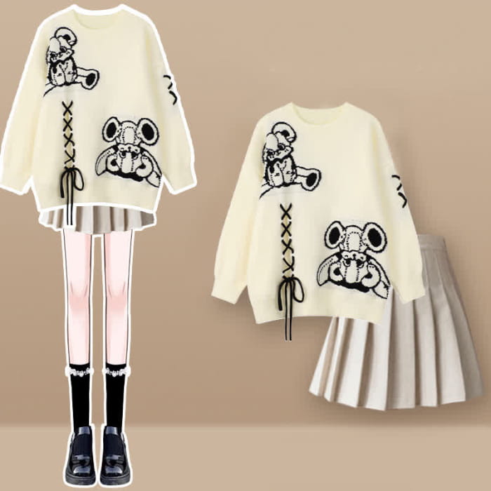 Cartoon Bear Lace Up Sweater Pleated Skirt Set - Apricot / M