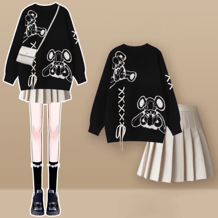 Cartoon Bear Lace Up Sweater Pleated Skirt Set - Black / M