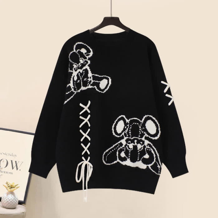 Cartoon Bear Lace Up Sweater Pleated Skirt Set - Black / M