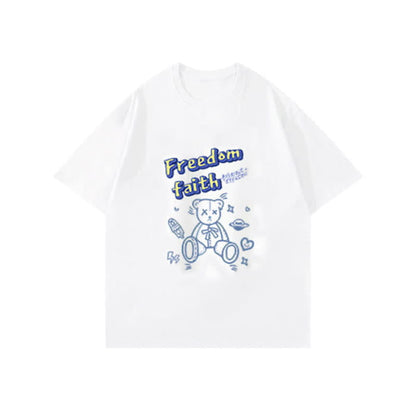 Cartoon Bear Letter Print T-Shirt Blue Pantskirt - M