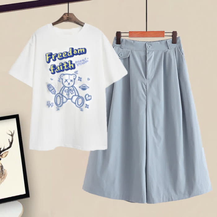 Cartoon Bear Letter Print T-Shirt Pantskirt Set - M