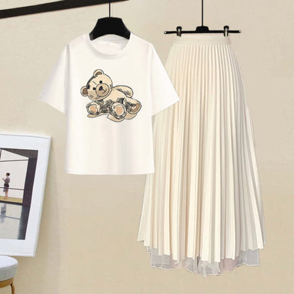 Cartoon Bear Letter Print T-Shirt Pleated Tulle Skirt