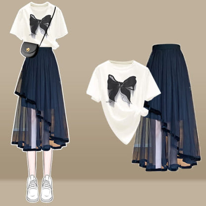 Cartoon Bow Print T-Shirt Irregular Tulle SKirt Set - A / M