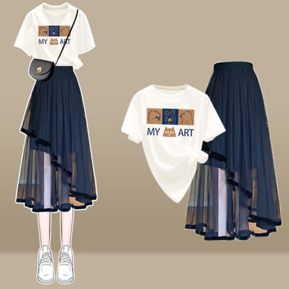 Cartoon Bow Print T-Shirt Irregular Tulle SKirt Set - C / M