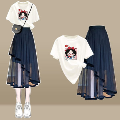 Cartoon Bow Print T-Shirt Irregular Tulle SKirt Set - D / M