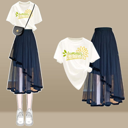 Cartoon Bow Print T-Shirt Irregular Tulle SKirt Set - H / M