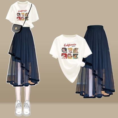 Cartoon Bow Print T-Shirt Irregular Tulle SKirt Set - I / M