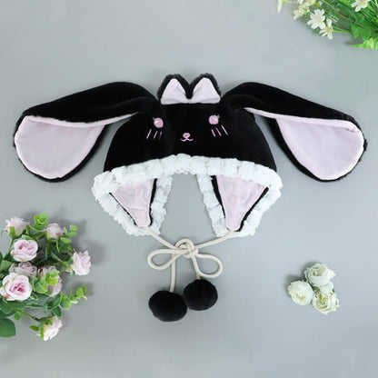 Cartoon Bunny Bear Ears Lace Lolita Plush Hat - Black