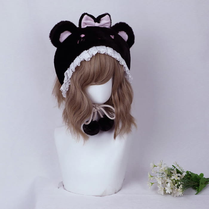 Cartoon Bunny Bear Ears Lace Lolita Plush Hat - Black
