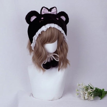 Cartoon Bunny Bear Ears Lace Lolita Plush Hat - Black