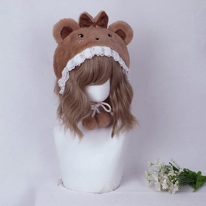 Cartoon Bunny Bear Ears Lace Lolita Plush Hat - Brown