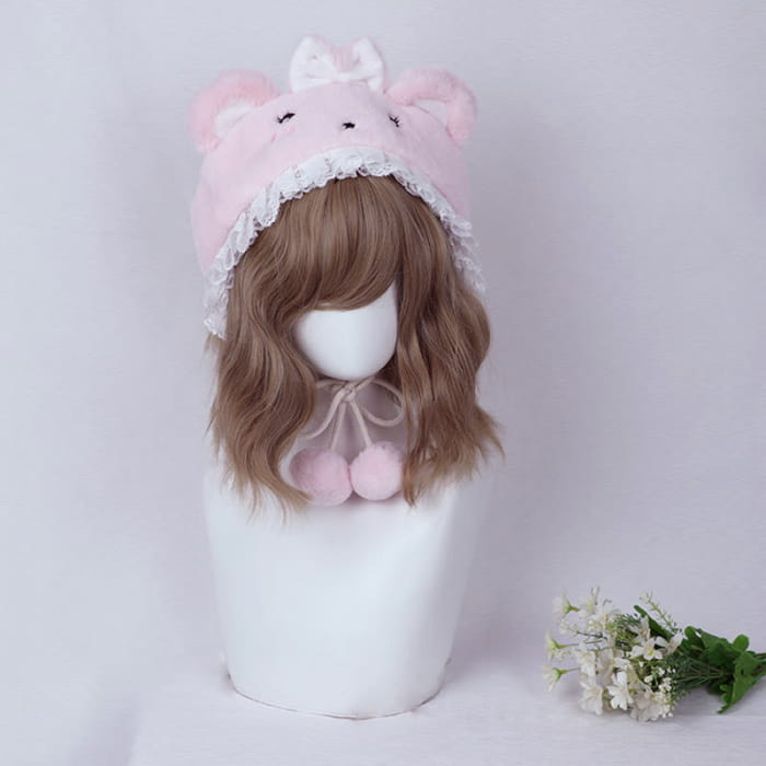 Cartoon Bunny Bear Ears Lace Lolita Plush Hat - Pink