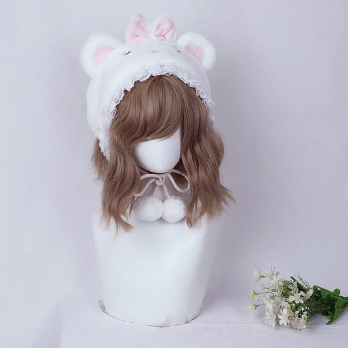 Cartoon Bunny Bear Ears Lace Lolita Plush Hat - White