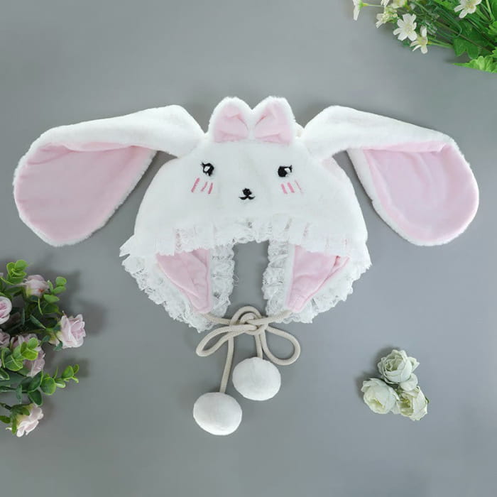 Cartoon Bunny Bear Ears Lace Lolita Plush Hat - White