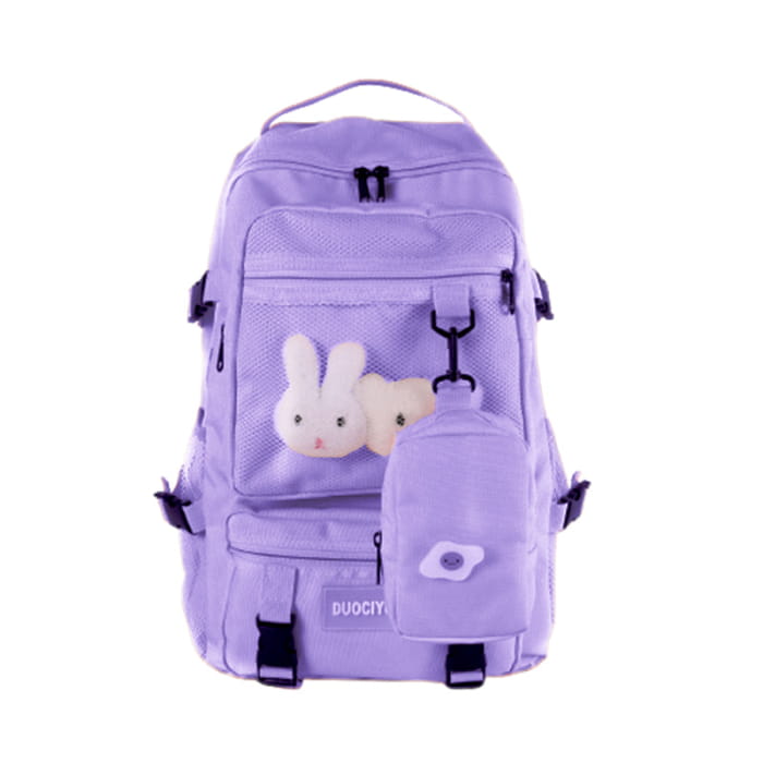 Cartoon Bunny Pattern Backpack with Mini Bag - Purple