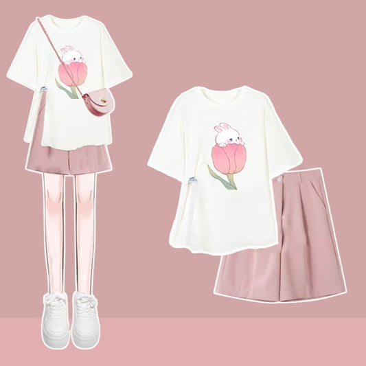 Cartoon Bunny Print T-Shirt Set - A / M